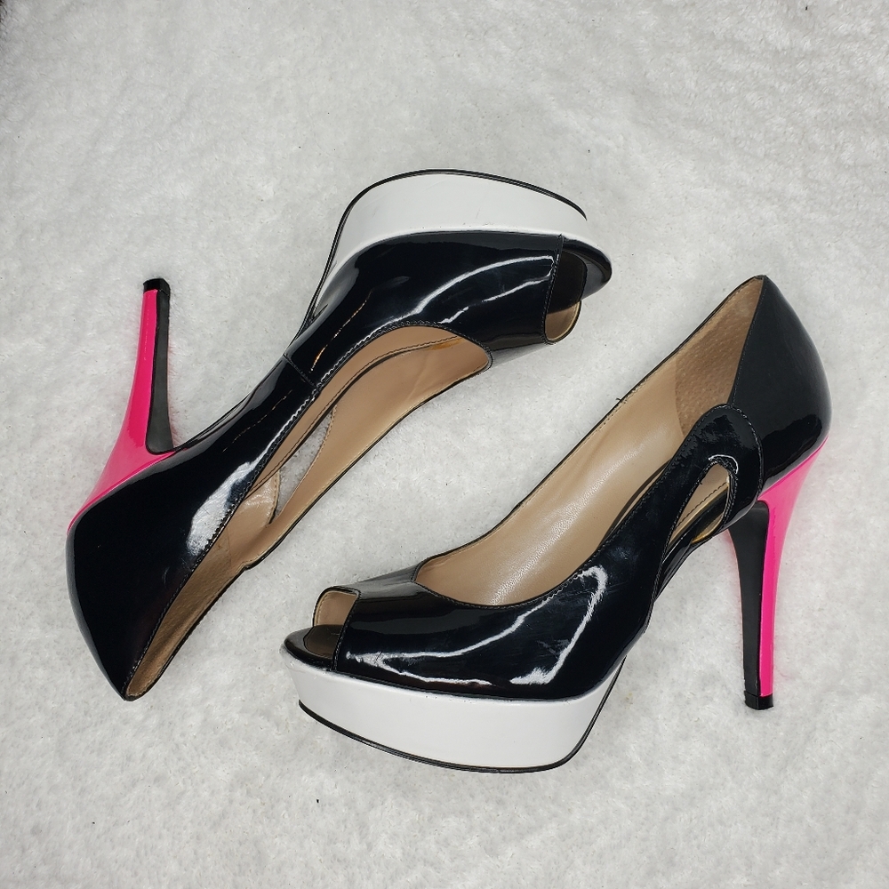 Tumble 7 Peekaboo Peep Toe Patent Platform Pumps